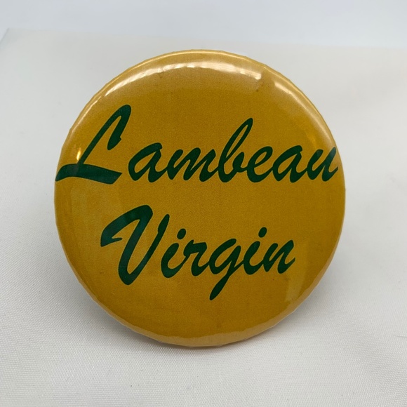 Vintage Green Bay Packers Lambeau Field 'Lambeau Virgin' Yellow 3" Button Pin - Picture 1 of 9
